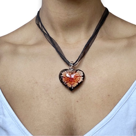 Blown Glass Heart with Orange Flower Medallion Black Cord and Lace Necklace - Picture 1 of 7